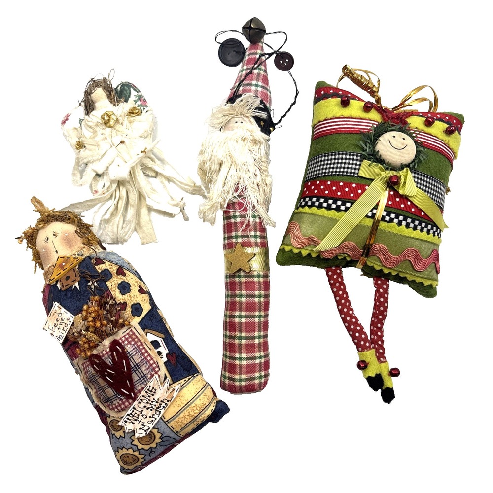 4 Christmas Quilted Patchwork Ornaments Santa Angel Elf Primitive Cottage Core